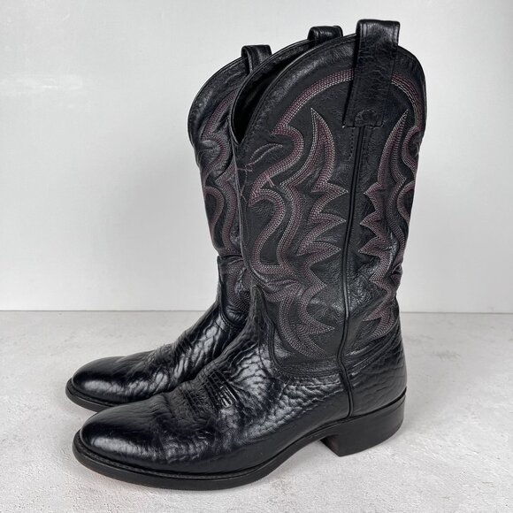 J Chisholm Bullhide Leather Black Cowboy Boots Western Mens 8 D Vintage - Picture 1 of 12